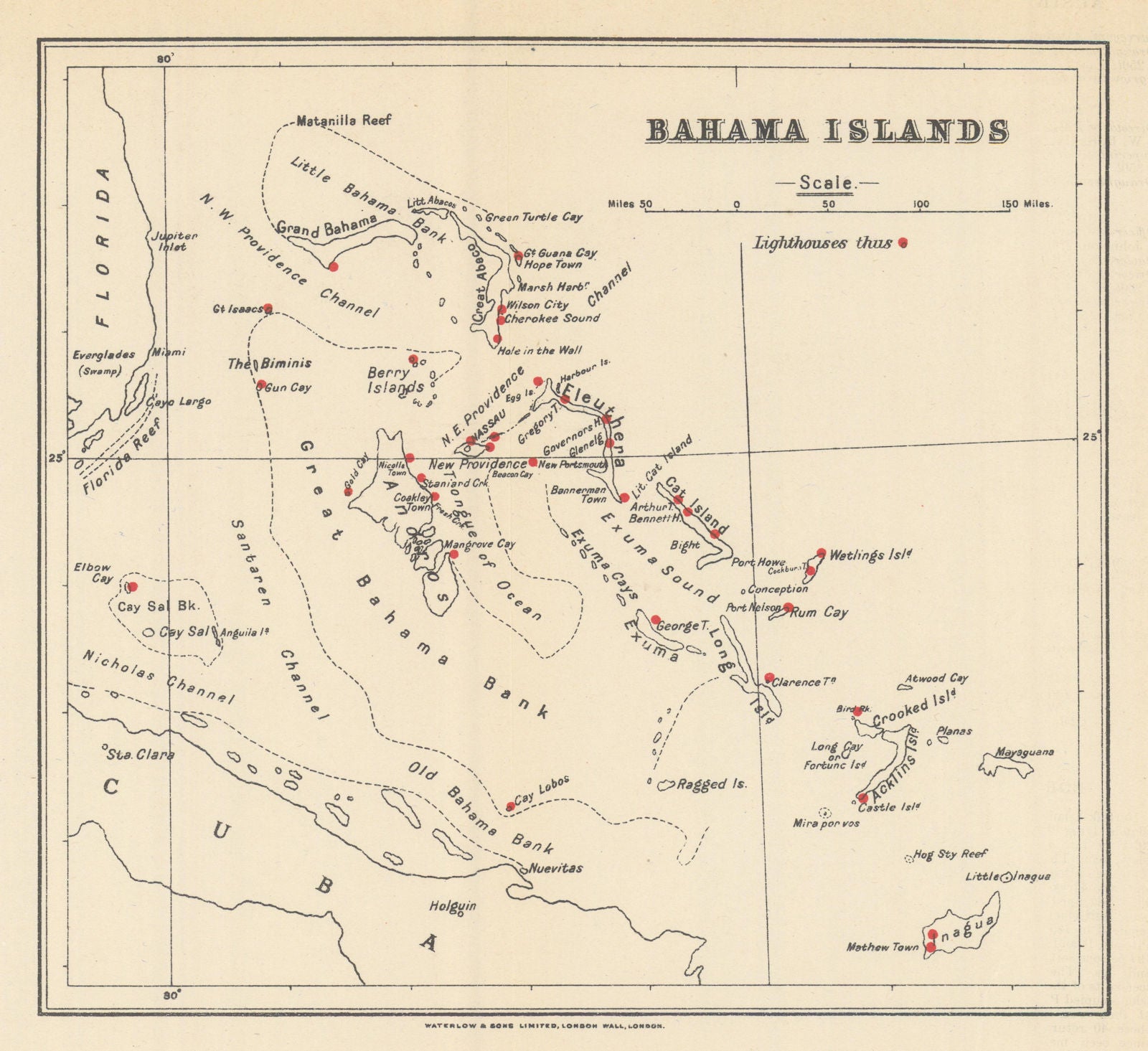 Bahama Islands showing lighthouses by Waterlow & Sons 1919 old antique map